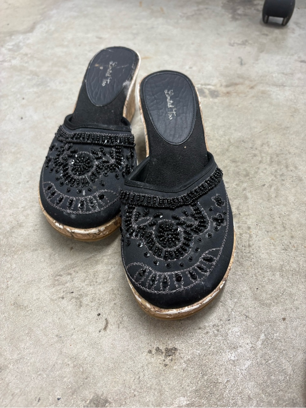 Limited Too Black Beaded Embroidered Platform Wedge Closed Toe Slip-On Heels 7